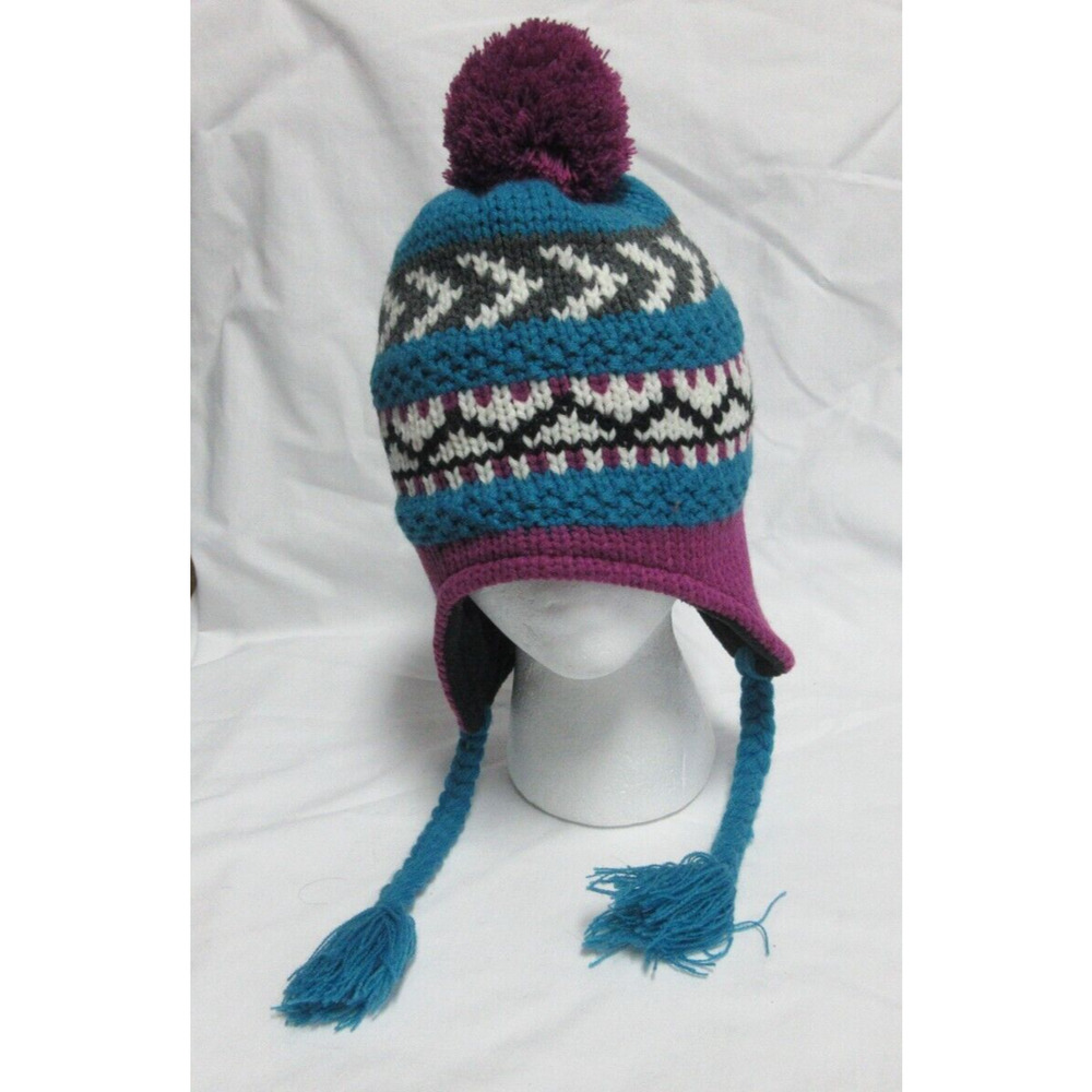 KNIT WOOL TRAPPER HAT BRAIDS MEN'S WOMEN'S Unisex Purple/Turquoise